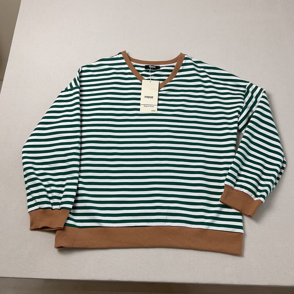 FRDOE Green Striped Sweatshirt Oversized V-neck Loose Fit Womens Large NWT